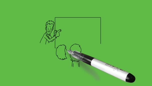 8人の若い男性と女性のグループを描く 1人のマスターは 抽象的な緑の画面の背景に黒の輪郭とインデックスの指の摩耗適切なドレスと長方形のボード上でそれらを示しています — ストック動画