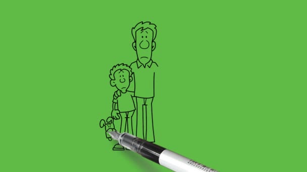 Disegnare Felice Famiglia Quattro Stand Insieme Due Bei Bambini Portare — Video Stock