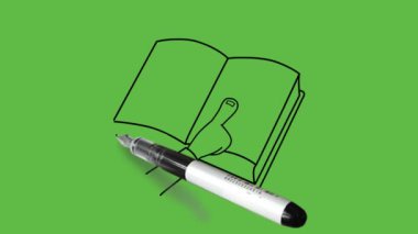 Soyut yeşil ekran arkaplanı üzerine siyah çizgili insan eli tarafından işaret edilen açık bir kitap çiz 