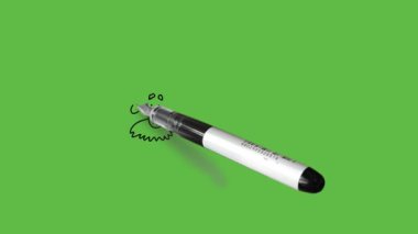 Boş yeşil panonun yanında duran çizgi film karakterini çiz ve soyut yeşil ekran arka planında siyah çizgili işaret parmağıyla göster            