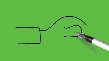 Soyut yeşil ekran arkaplan üzerinde siyah çizgili baş parmak ve işaret parmağıyla insan eli yakalayan yuvarlak nesneyi çiz