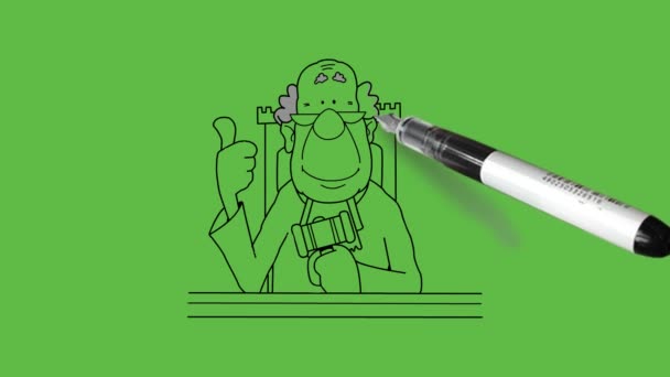 Нарисовать Человека Сидящего Стуле Сиденье Судьи Держать Левой Руке Показывать — стоковое видео