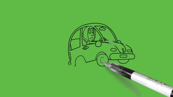 Desenhar Carro Acidental Uma Roda Sair Motorista Sentar Dentro Dele — Vídeo de Stock