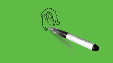 Üzgün ve hasta kızı çiz yatağa otur ve derin düşün soyut yeşil ekran arka planında siyah çizgilerle  