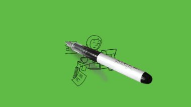 Genç kızı çiz. Sandalyeye otur ve bilgisayarla çalış. Soyut yeşil ekran arka planında siyah çizgili dosya koleksiyonu arasında.  