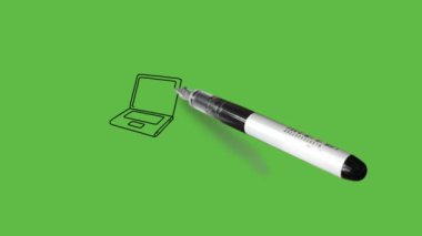 Mobil, laptop, bilgisayar, tablet gibi dört modern elektrik aygıtını soyut yeşil ekran arkaplanındaki siyah hatlı kırmızı geniş çizgi ile eşzamanlı olarak çiz  