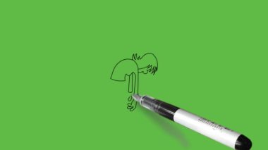 Yaşlı bayanı öne doğru yürüt. Kapıdan içeri gir. Soyut yeşil ekran arkaplanı üzerinde siyah çizgiler olsun.  