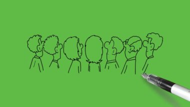 Yedi ayakta duran genç erkek ve kadının arkasını çekin ve soyut yeşil ekran arka planda siyah çizgilerle üst tarafa bakın  