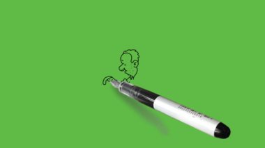 Centilmen çiz bilgisayar üzerinde çalış ofis koltuğuna otur ve soyut yeşil ekran arka planında siyah çizgili bir yığın dosya ile otur           