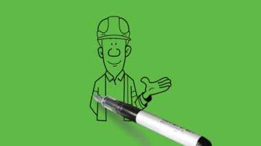 Trafik polisini çiz. Görevini yap. Sağ elini arkana koy ve soyut yeşil ekran arka planında siyah çizgili sol avuç içi giysisini göster.           