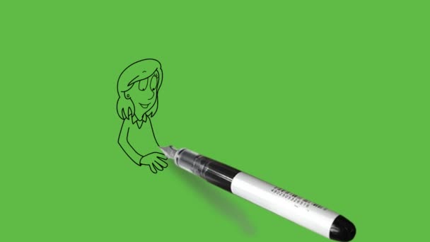 抽象的な緑のスクリーンの背景に黒い輪郭が付いているボール紙の上に書かれた通知を示す紳士の横のコンピュータの仕事で椅子に座って若い女の子を描いて下さい — ストック動画