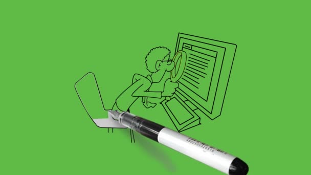 コンピュータで椅子に座って 抽象的な緑の背景に黒い輪郭を持つ拡大レンズで読む若者の裏側を描く — ストック動画