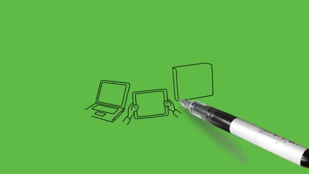 Teken Vier Moderne Elektrische Apparaten Zoals Mobiel Laptop Computer Tablet — Stockvideo