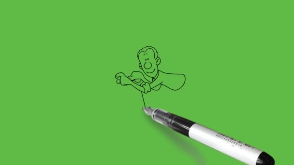 抽象的な緑のスクリーンの背景に黒いアウトラインが付いている棒のサポートと先を引く若い男の立場を描きます — ストック動画