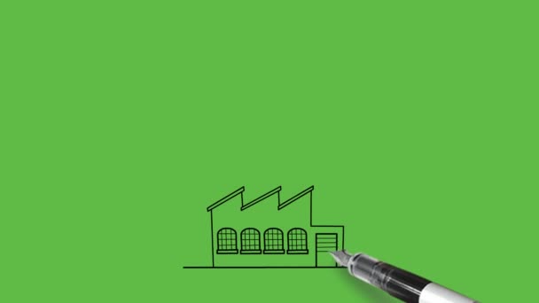 Narysować Ogromny Budynek Przemysłowy Wieje Dym Kominów Czarnym Zarysem Abstrakcyjnym — Wideo stockowe