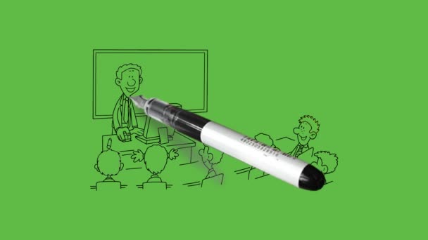 Dibujar Joven Profesor Pie Con Computadora Dar Lección Seis Estudiantes — Vídeos de Stock