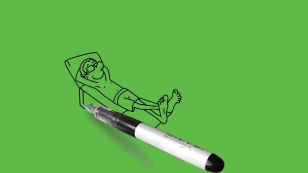 男性の患者をベッドの上に置き 若い女性は抽象的な緑の背景に黒い概要と手でジュースのガラスを取ることによって椅子に座ってゴーグルを着ます — ストック動画