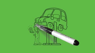 Soyut yeşil ekran arkaplan üzerinde siyah çizgili araçları ve araçları ile projektörün üzerine mekanik tamir araba kaldırma çekin 