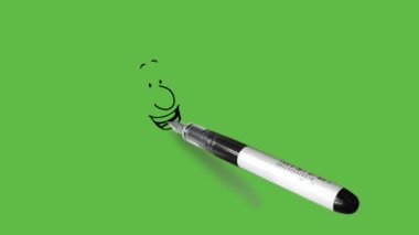 Genç adamın yakın görüntüsünü çiz modern elektrikli tableti elinde tut ve soyut yeşil ekran arkaplanındaki siyah çizgilerle gülümse 