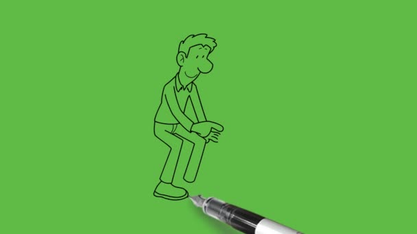 抽象的な緑の背景に黒いアウトラインと彼の手で彼の小さな男の子のホールドノートを教えるソファセットに若い男を描く — ストック動画