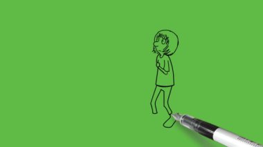 Soyut yeşil ekran arka planında siyah çizgili aile değerlendirmesi (kırtasiye) ile dolu tramvayla yürüyen genç kızı çiz   