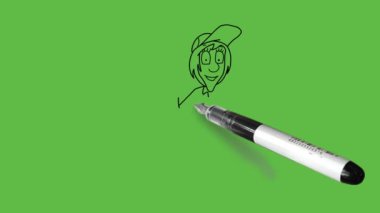 Genç bayan teknisyen çiz diz çök tornavidayı sol elinde tut ve sağ baş parmağını yukarı doğru işaret et soyut yeşil ekran arka planında siyah çizgili araç gereçleri ile birlikte.   