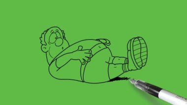 Genç şişman adamı çiz. Yoga elbisesiyle egzersiz yapmak için uzan. Üzerinde soyut yeşil ekran arkaplanı olan siyah çizgiler olsun.   