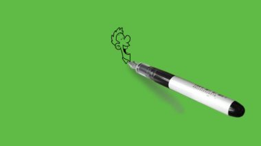 Genç adamı çiz açık kollar ve bacaklar ile havada zıpla mutlu bir şekilde hareket halinde ol soyut yeşil ekran arka planında siyah çizgilerle.   