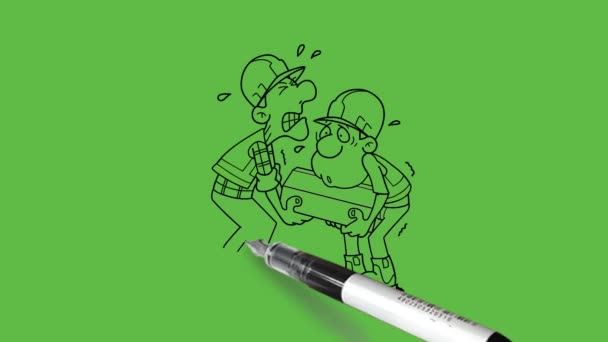 Desenhar Dois Trabalhadores Pegar Tampa Desgaste Caixa Cubóide Pesado Uniforme — Vídeo de Stock