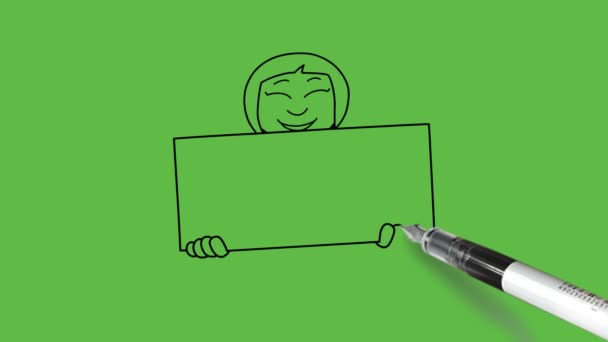 抽象的な緑の背景に黒い輪郭を持つ観客を示すために彼女の手で書かれた長方形の板を描く若い女の子 — ストック動画