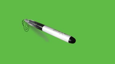 Genç adam boş büyük dikdörtgen tahta yakınında durun sağ işaret parmağı ve sol başparmak işaretleri gibi soyut yeşil ekran arka plan üzerinde siyah çizgili tahtaya doğru işaret.    