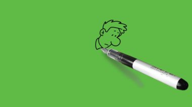 Genç adamı çiz. Sandalyeye otur, kitap oku sağ işaret parmağını üzerinde tut ve soyut yeşil ekran arka planında siyah bir çizgi çiz.     