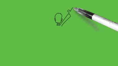 Genç adamın arkasını çek heyecanla havaya zıpla elini baş aşağı tut soyut yeşil ekran arka planında siyah çizgiler olsun.    