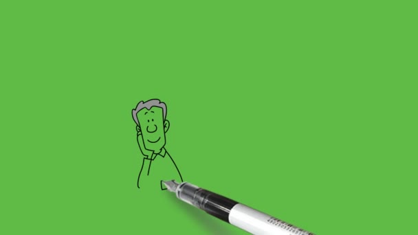 抽象的な緑の背景に黒い輪郭を持つテーブルのノートの場所に左手とペンの右手を握って椅子に座って若い男を描く — ストック動画