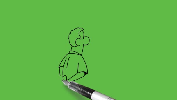 抽象的な緑の背景に黒いアウトラインと書かれた長方形のボードに向かって背中に彼の手を保持する若者の裏側を描く — ストック動画