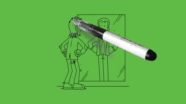 Kreslit Stojící Mladý Muž Pohled Sám Velkém Zrcadle Držet Obě — Stock video