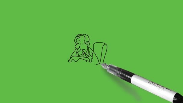 文房具が付いているテーブルのコンピュータの場所の椅子の仕事に座って 抽象的な緑のスクリーンの背景の黒い概要が付いている頭の掛かるビジネス カレンダーの裏側のキーボードの右の指を握る若い男を描いて下さい — ストック動画