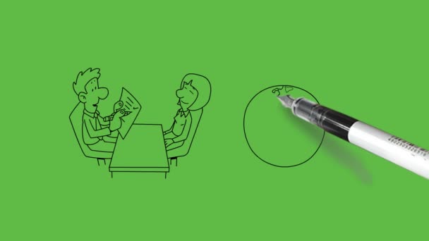 若い男女を描く 互いの前に椅子に座る センターテーブルのホールドペン 左手とペンで 抽象的な緑の背景に黒い輪郭を持つ世界の人々について考える紙をマークする — ストック動画