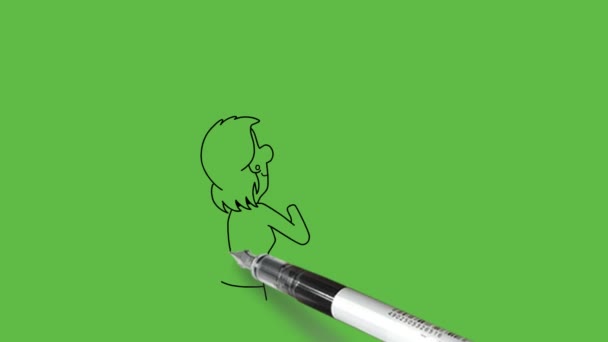 Old CareerとNew Careerは 抽象的な緑色の背景に黒いアウトラインで口に左手指を保持する2側の矢印柱に向かって若い少女の裏側を描きます — ストック動画