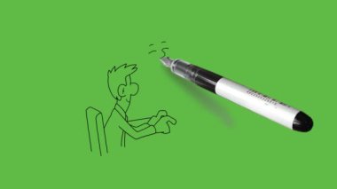 Genç adamın arkasını çiz sandalyede otur bilgisayar başında otur masada otur ve akıllı kız ekranın yanında dur ve onu soyut yeşil ekran arka planında siyah çizgilerle gör.    