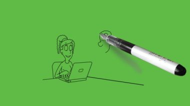 Genç kızı çiz, sandalyede otur, bilgisayarda çalış ve genç insanlar ellerinde kağıdın yanında dur, soyut yeşil ekran arka planında siyah çizgiler olsun.   