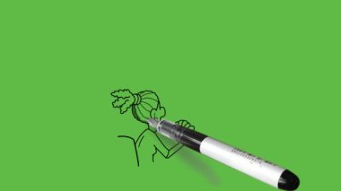 Genç kızın arkasını çek, sandalyeye otur, ekmek ye, bir fincan sıcak çay iç, manzaranın yanındaki masada, siyah çizgili gündoğumu sahnesine bak, soyut yeşil ekran arka planında.    