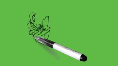 Genç kız ayarlanabilir ofis sandalyesine otur bilgisayarda otur, genç adam sandalyede otur, cep telefonunda oyna sıcak çay fincanı ve gözlük takan başka bir adam yere otur ve soyut yeşil ekran arka planında siyah çizgili tablete bak. 