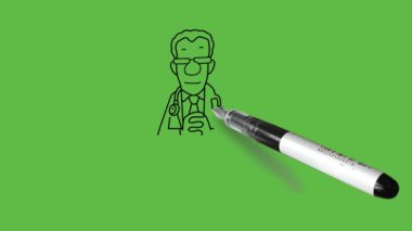 Genç bir doktor çizer masa başına oturur gözlük takar, kravat takar ve steteskop sertifikalı takvimi duvara asar soyut yeşil ekran arka planda siyah çizgiler çizer.   
