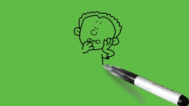 Narysować Małego Chłopca Siwymi Włosami Trzymać Prawą Rękę Ustach Lewo — Wideo stockowe