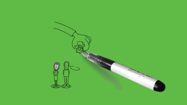 抽象的な緑の背景に黒い輪郭で2人の玩具の男性を拾う2人の人間の手が浮上する直線に8人の玩具の人間の男および女性を描きます — ストック動画