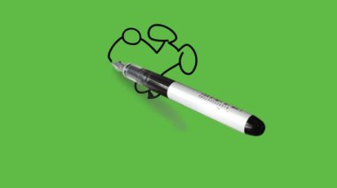 Çizgi film karakterini çiz. Yuvarlak burunlu, gri ve beyaz renkli, soyut yeşil ekran arka planında siyah çizgili, oturan köpek.     