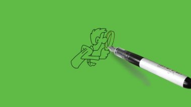 Genç adamı sandalyeye oturt masaya eğil bilgisayar ekranına bak sarı renkli kullanışlı büyültülmüş mercek ve soyut yeşil ekran arka planında siyah çizgiler. 