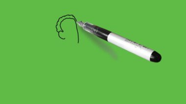 Ayakta duran genç adam kağıdını sol elinde tutuyor seyirciye göster ve sağ işaret parmağıyla bir tane imzala soyut yeşil ekran arka planında siyah çizgiler olsun.    