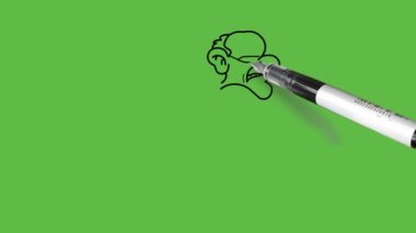 Çizgi film karakterini çiz yaşlı adam öne eğil sol elinle bastonu tut ve sağ elini kalçanda tut ve soyut yeşil ekran arka planında siyah çizgili gözlük ve kravat takmaya çalış.     